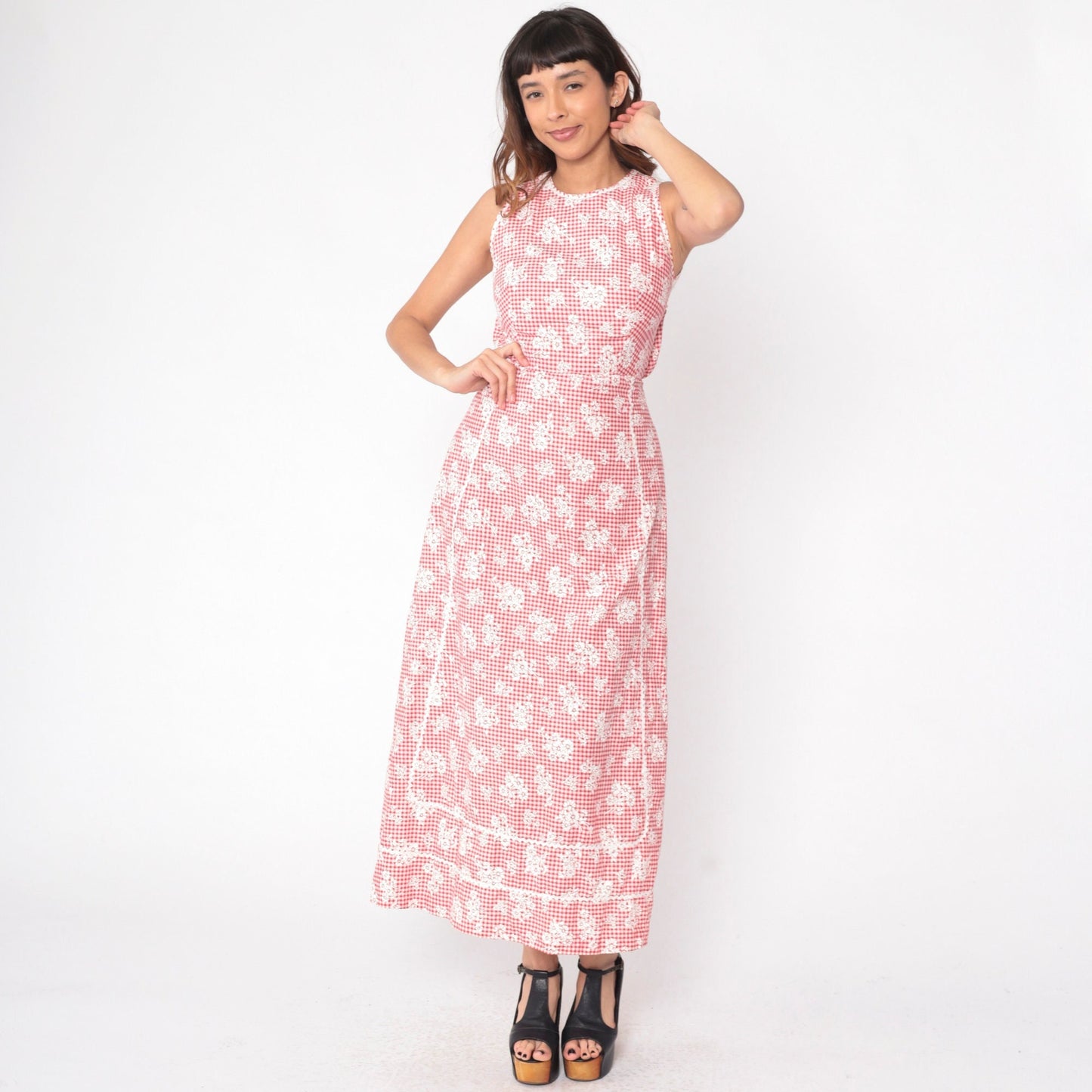 70s Gingham Floral Maxi Dress Red White Sleeveless Ric Rac Trim Extra Small