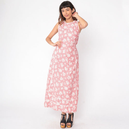 70s Gingham Floral Maxi Dress Red White Sleeveless Ric Rac Trim Extra Small