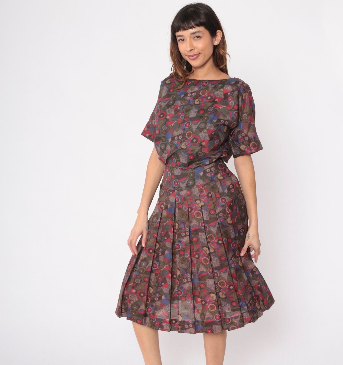 60s R&K Originals Geometric Floral Midi Dress High Waisted Pleated Cotton Medium
