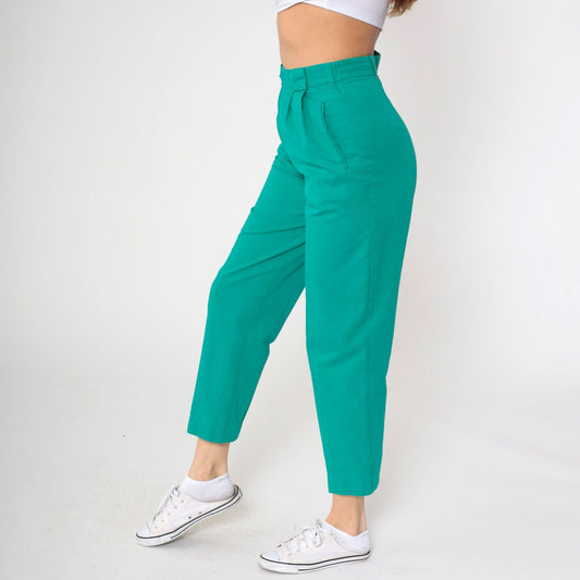 80s Green Pleated High-Rise Trousers Elastic Waist Tapered Small