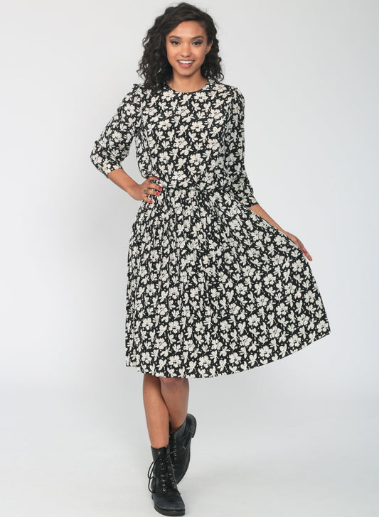 80s Black Floral Midi Dress High Waist Pleated Skirt Small 4