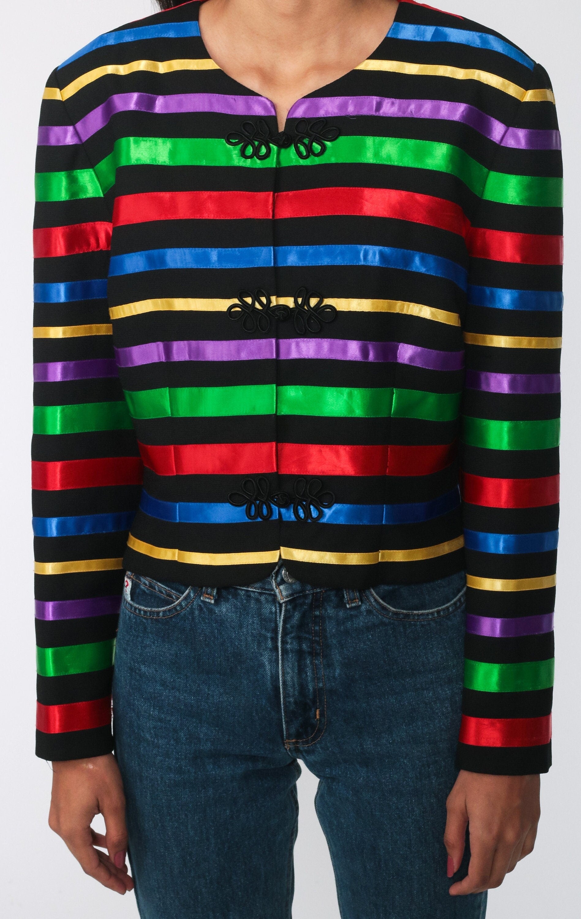 90s Rainbow Striped Jacket Frog Closure Button Up Cropped Medium M