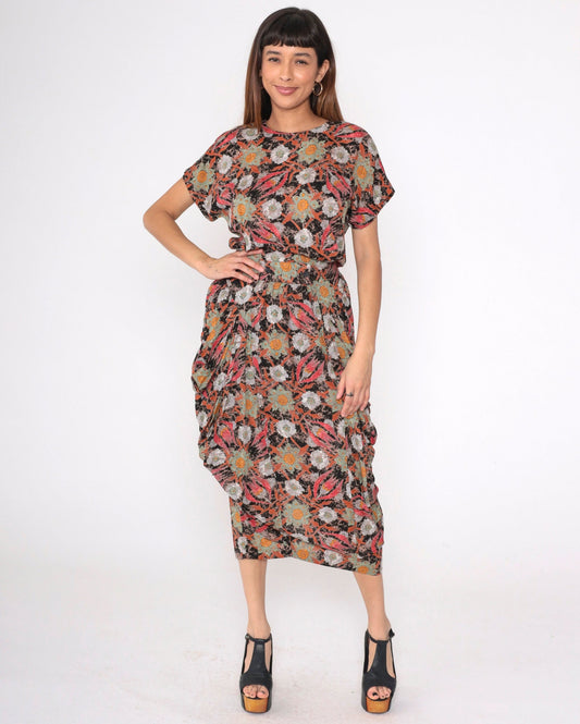 80s Floral Midi Dress Button Back Pencil Skirt Short Sleeve Black Red Orange Medium 8