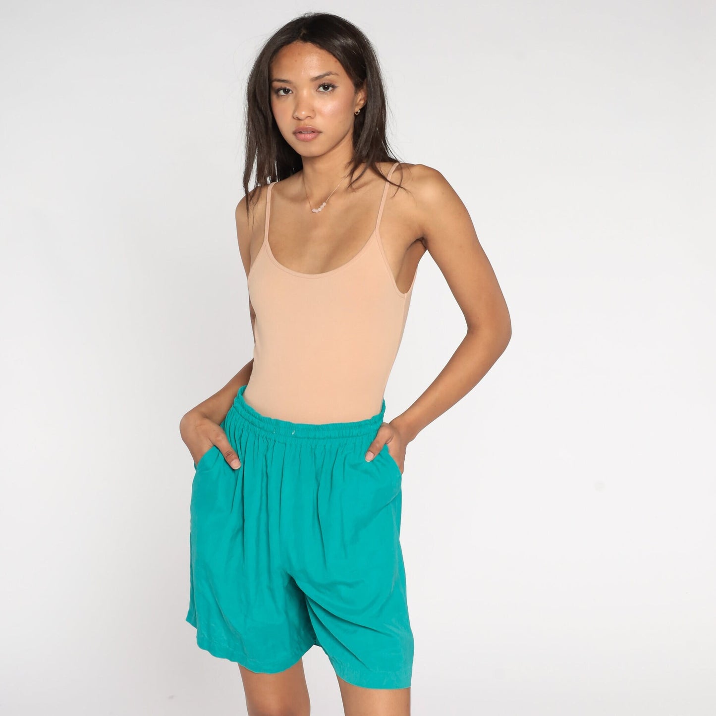 90s Clio Green Silk Shorts High Waist Baggy Pockets Medium M