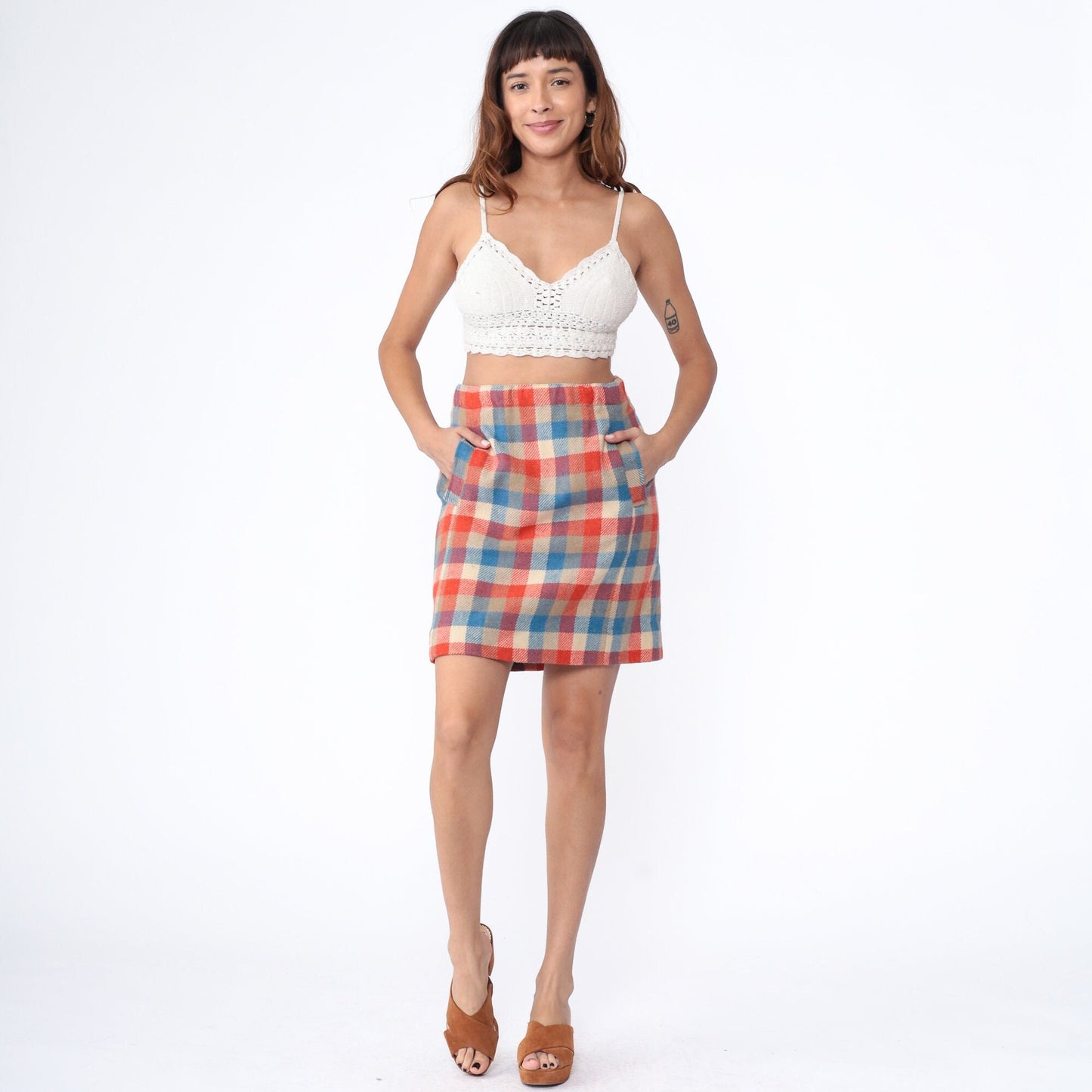 70s Bobbie Brooks Checkered Wool Mini Skirt High Waist Orange Blue Plaid Large