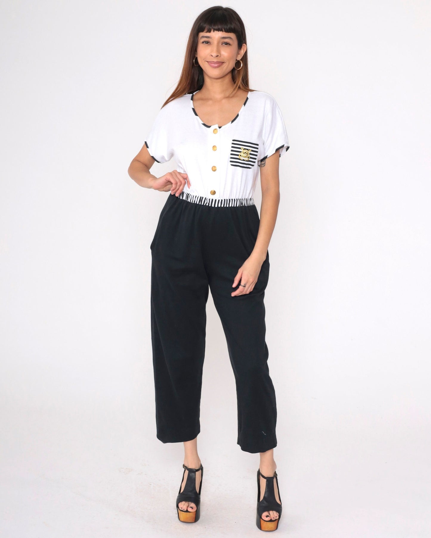 80s Dotti Nautical Jumpsuit Black White Striped Anchor Embroidered Medium