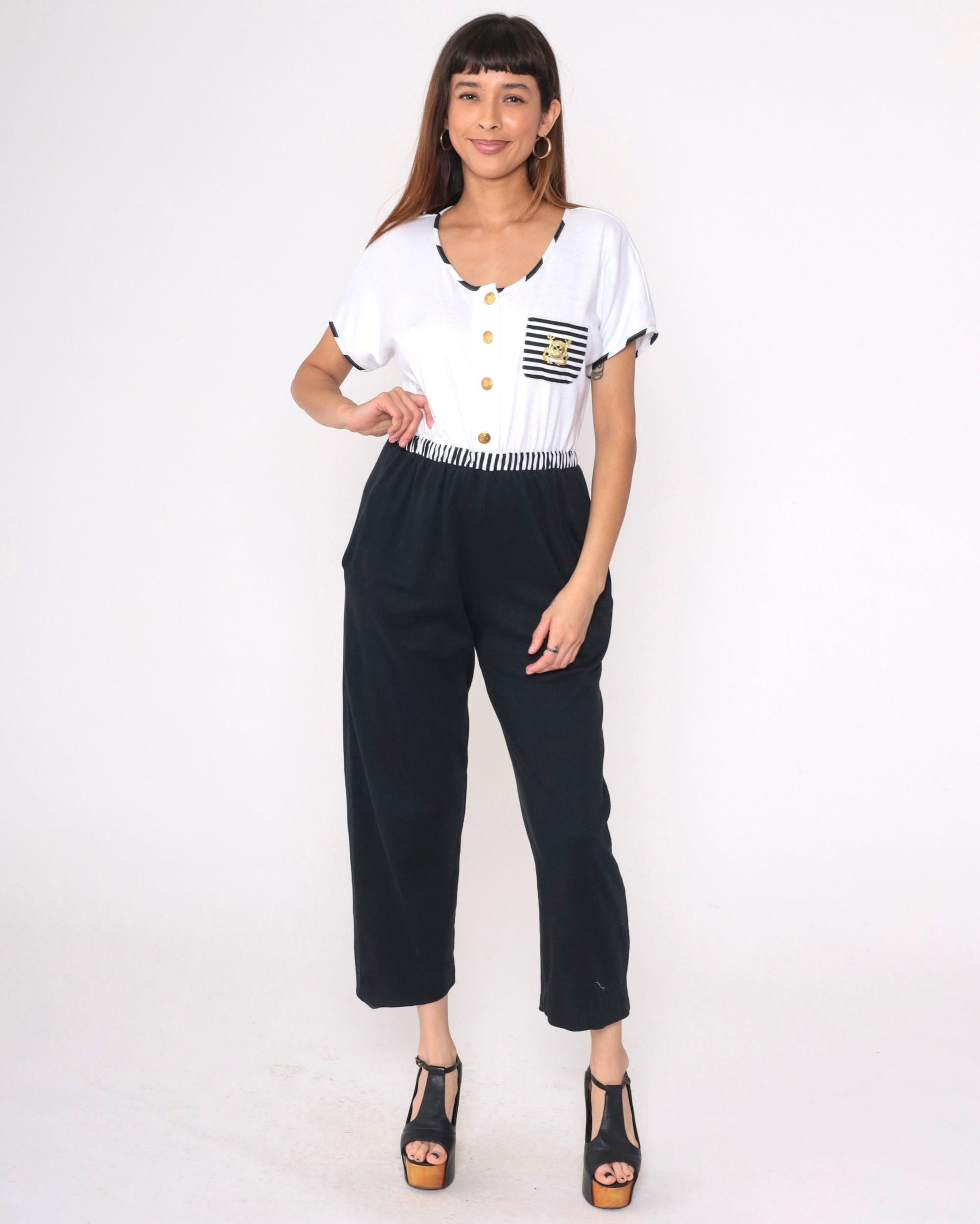 80s Dotti Nautical Jumpsuit Black White Striped Anchor Embroidered Medium
