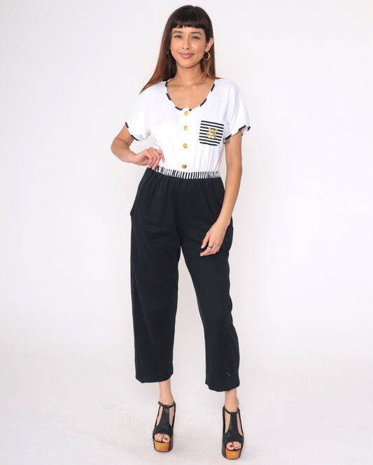 80s Dotti Nautical Jumpsuit Black White Striped Anchor Embroidered Medium