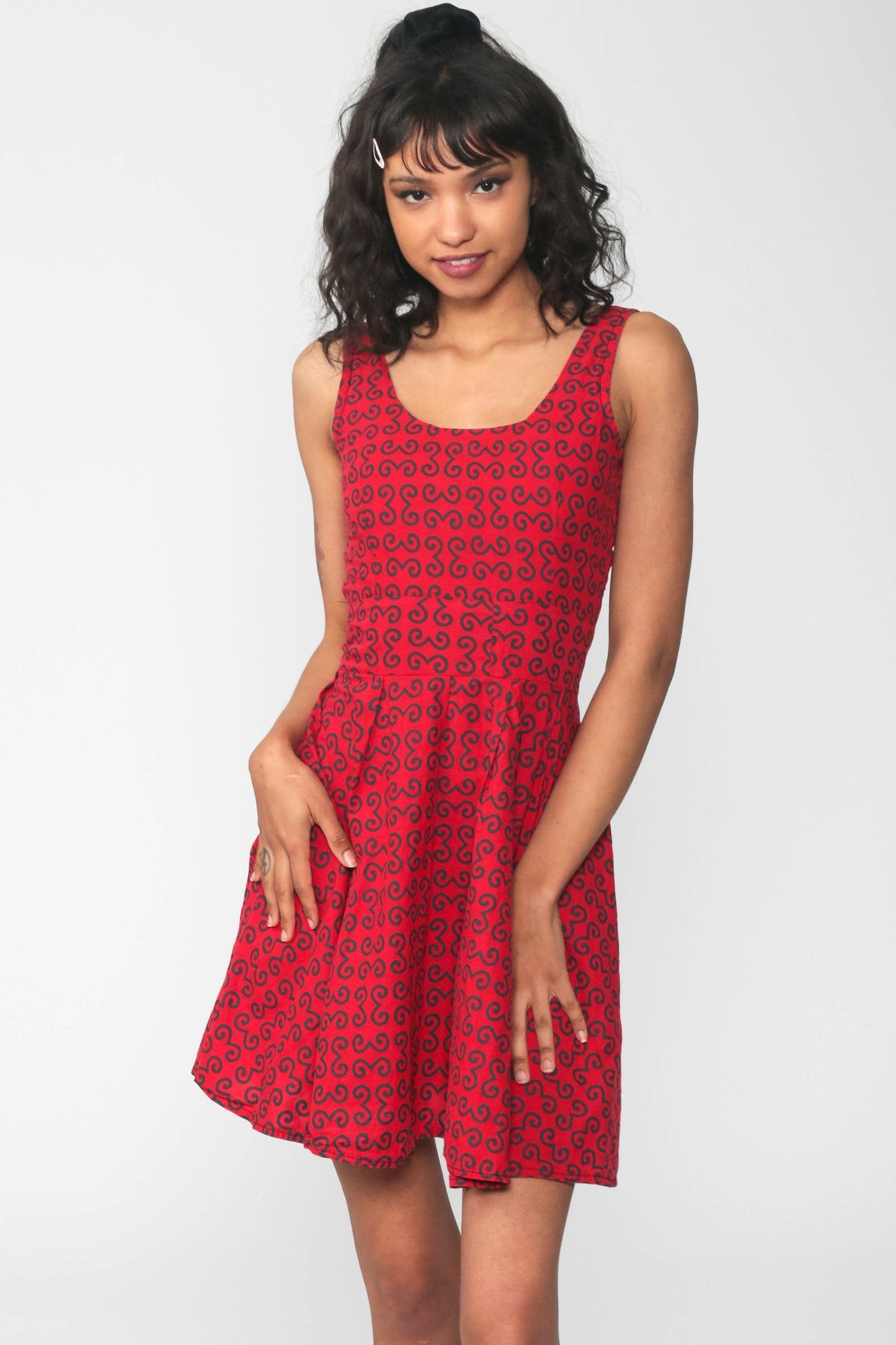 90s Babydoll Dress Red Geometric Mini High Waist Sleeveless Extra Small