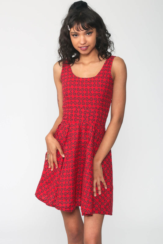 90s Babydoll Dress Red Geometric Mini High Waist Sleeveless Extra Small