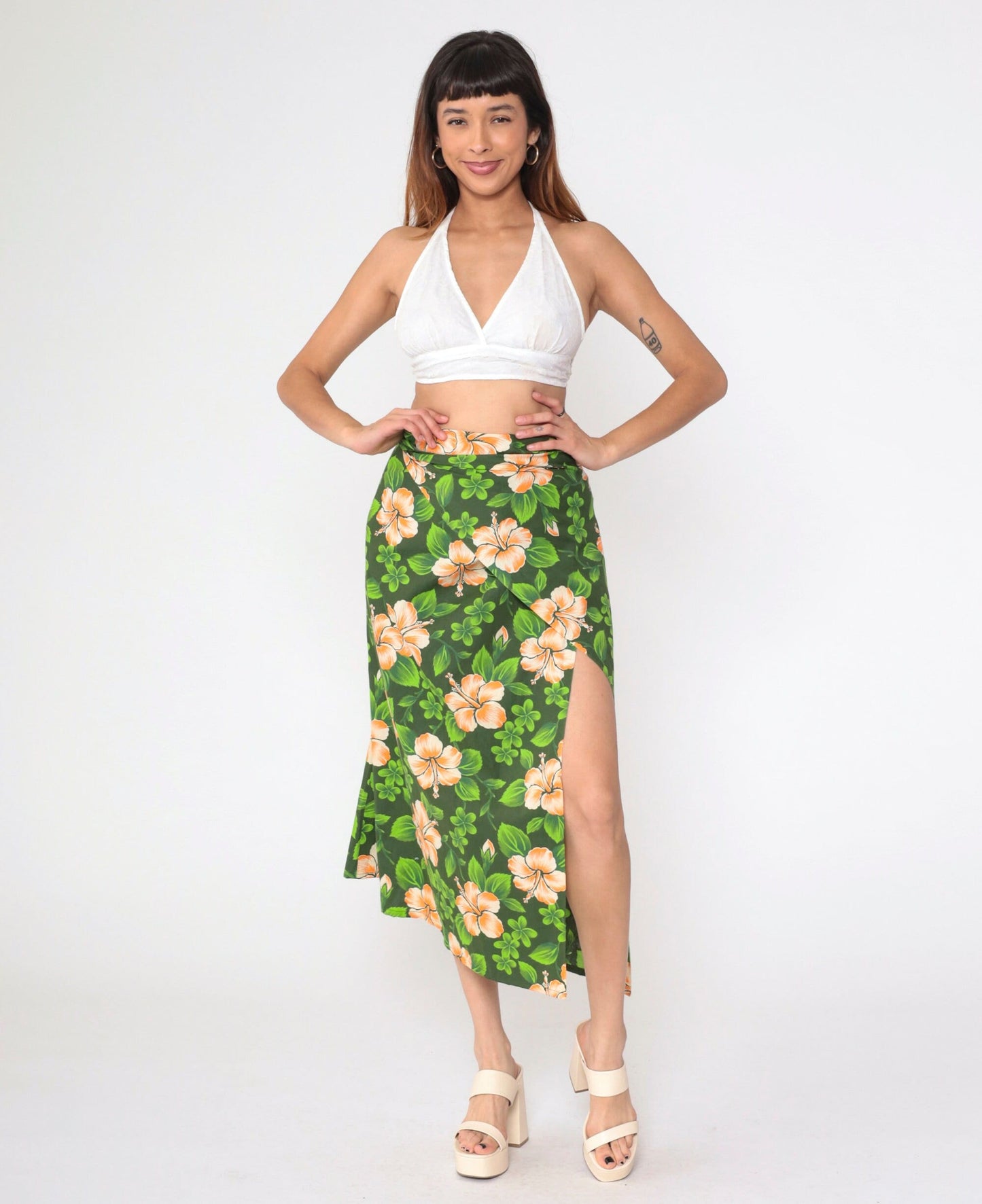 90s Hawaiian Green Floral Wrap Maxi Skirt Front Slit Sarong Small