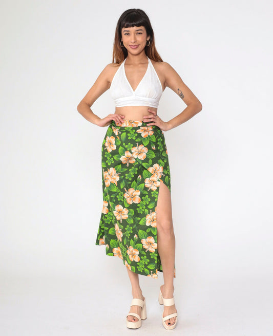 90s Hawaiian Green Floral Wrap Maxi Skirt Front Slit Sarong Small