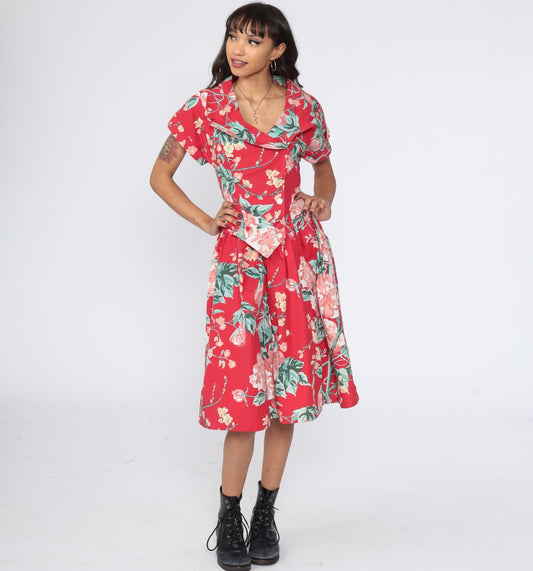 90s Red Floral Midi Dress High Waist Button Up Full Skirt Small