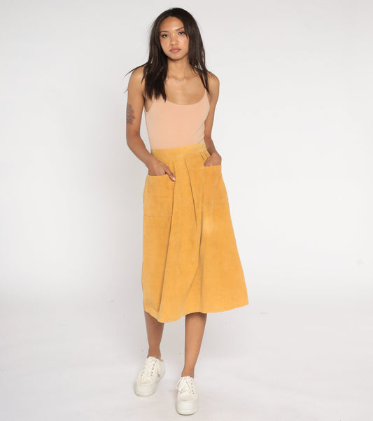 80s Mustard Yellow Corduroy Midi Skirt High Waist Pockets Extra Small