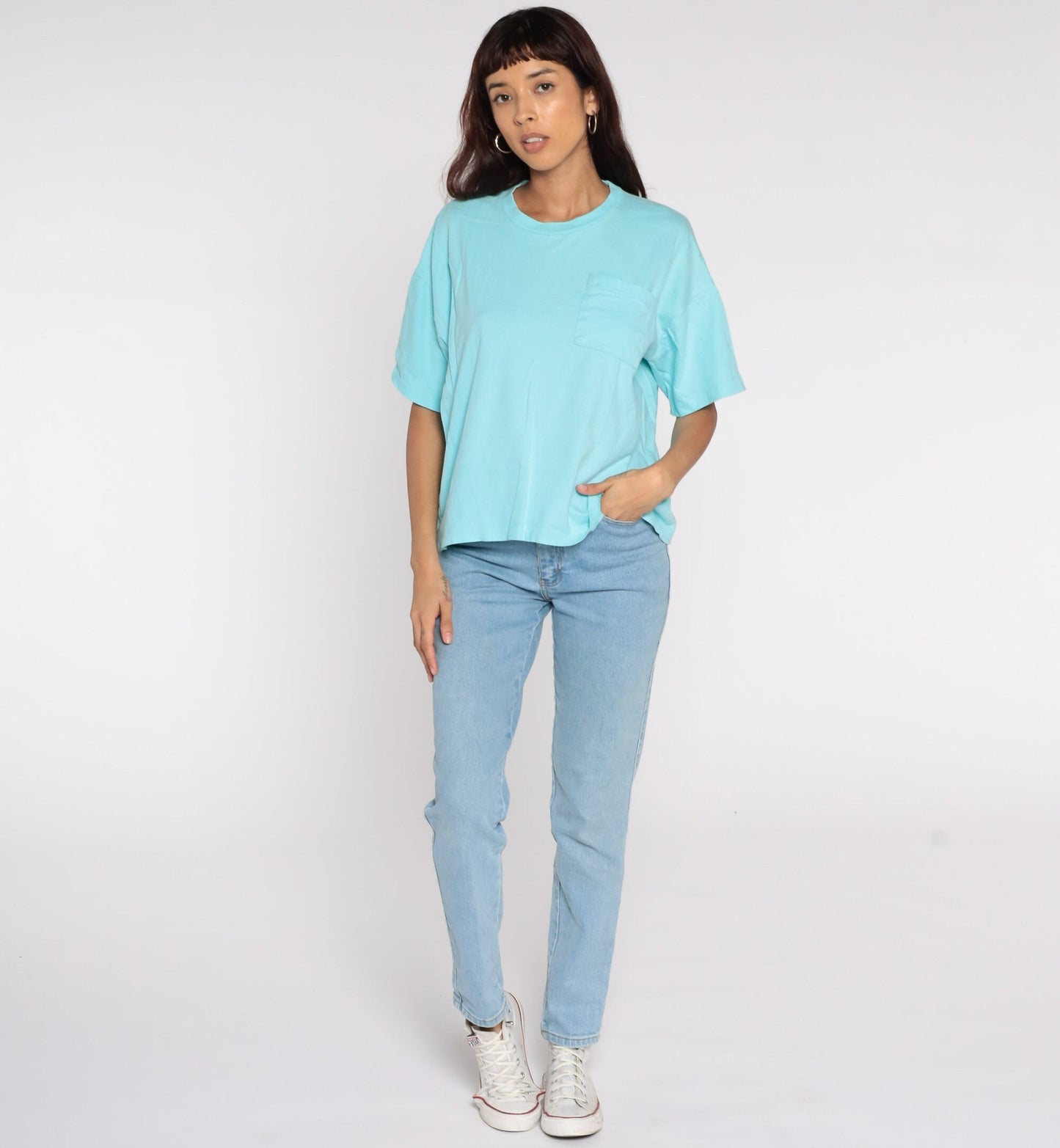 80s Blue Pocket T-Shirt Cotton Plain Crewneck Large