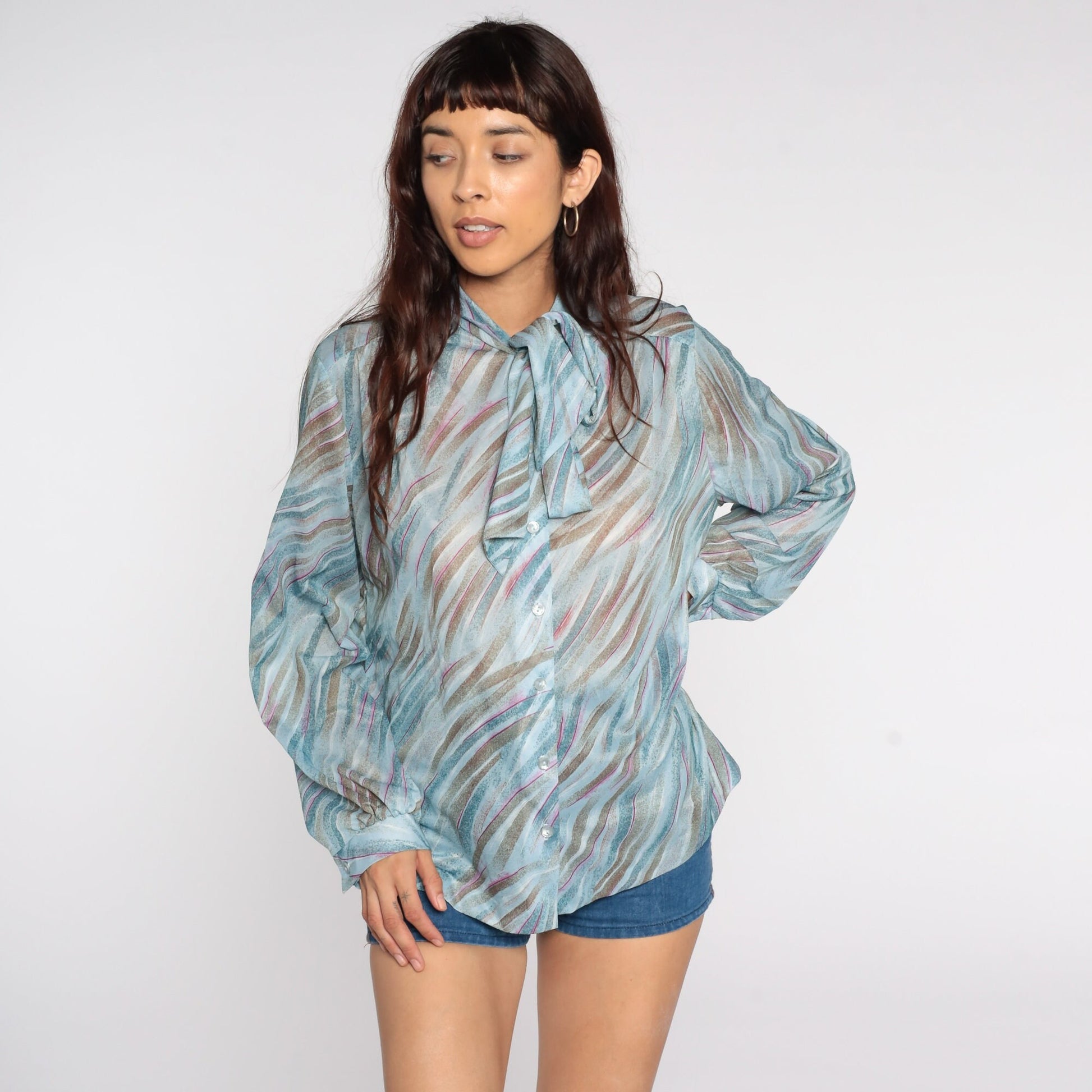 70s Sheer Ascot Blouse Blue Brushstroke Print Button-Up Long Sleeve Extra Large