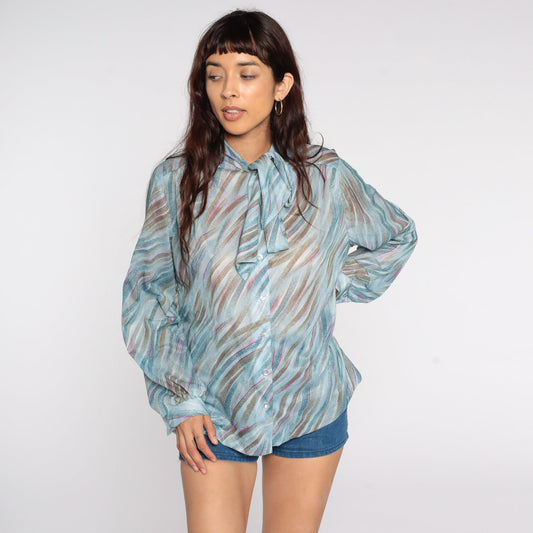 70s Sheer Ascot Blouse Blue Brushstroke Print Button-Up Long Sleeve Extra Large