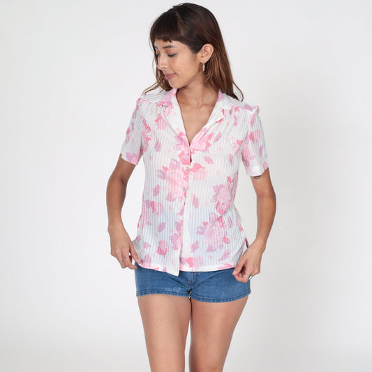 70s Graff Floral Button-Up Blouse White Puff Sleeve Small