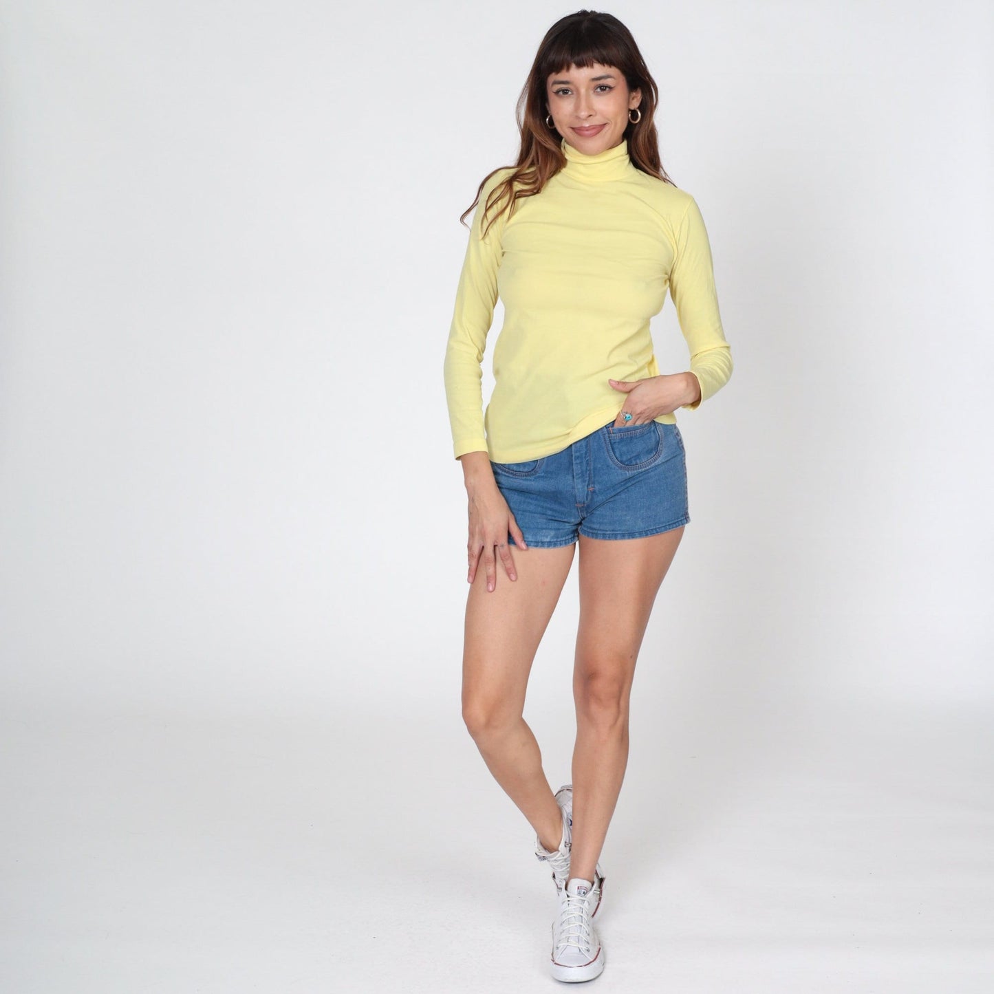 70s Yellow Turtleneck Long Sleeve Blouse Rear Zipper Small