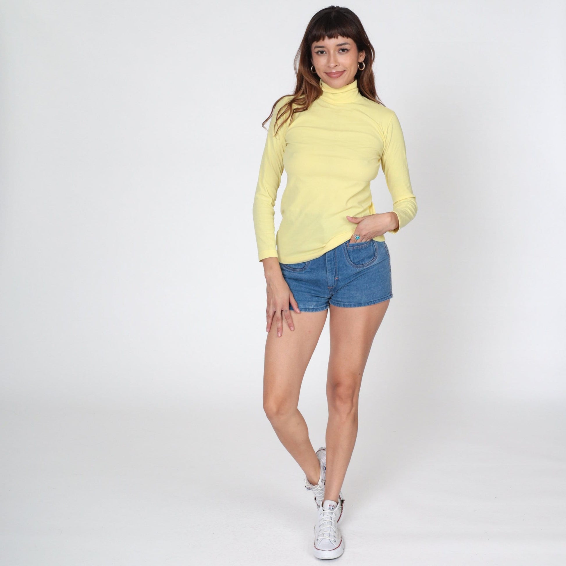 70s Yellow Turtleneck Long Sleeve Blouse Rear Zipper Small