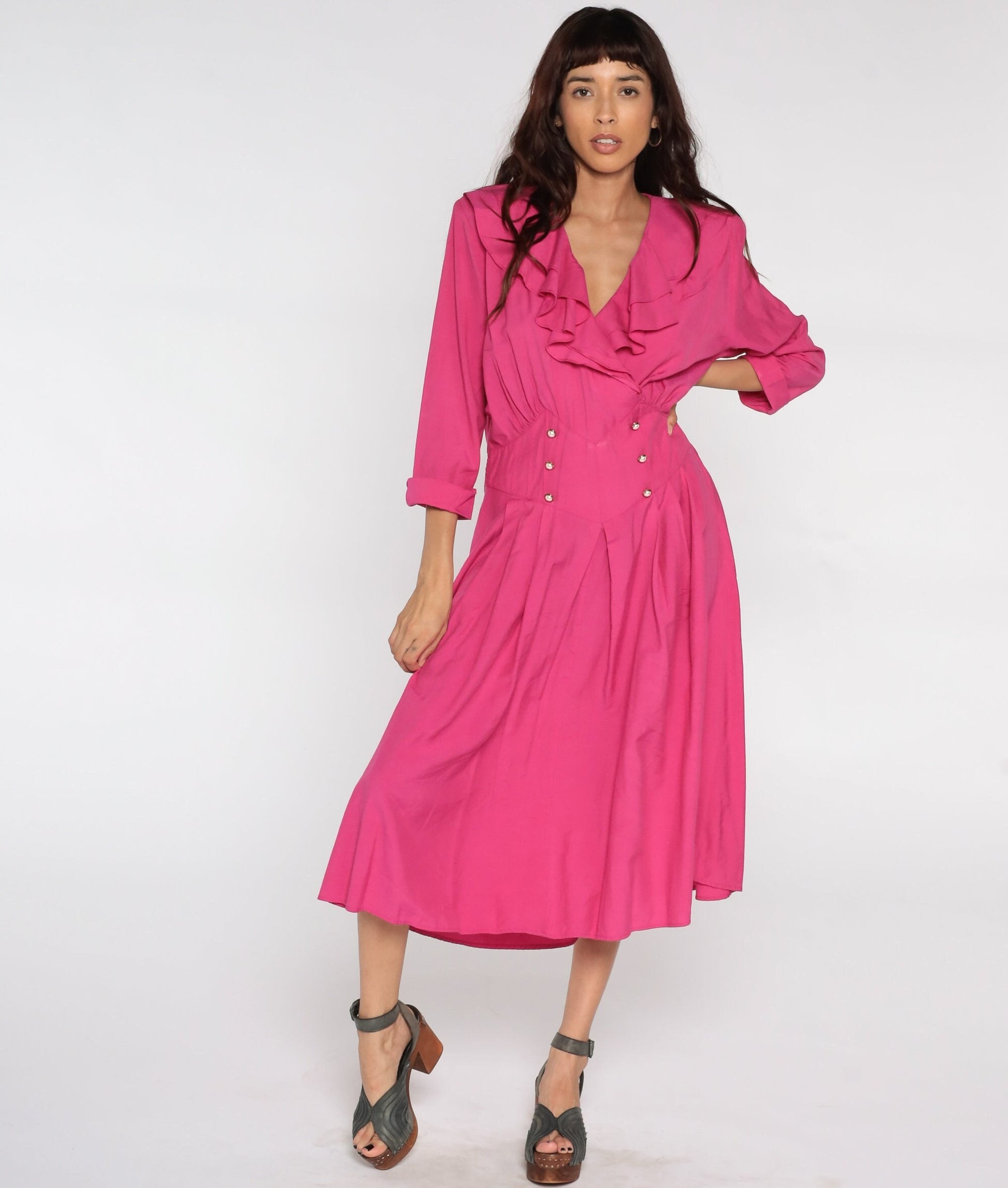 80s Pink Pleated Midi Dress High Waist Button Up Ruffle V-Neck Large L