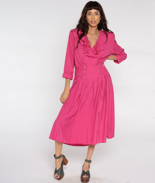 80s Pink Pleated Midi Dress High Waist Button Up Ruffle V-Neck Large L