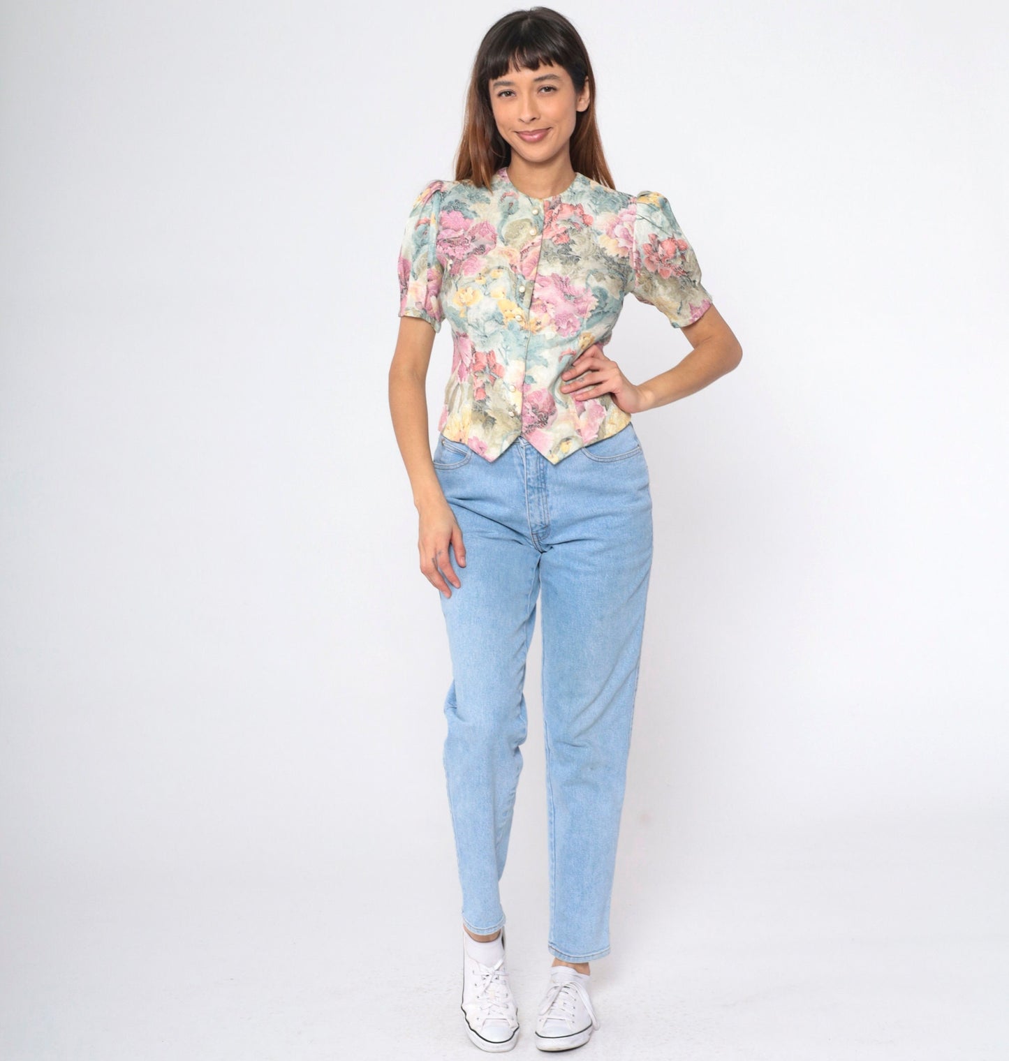 80s Damask Floral Button-Up Blouse Lavender Puff Sleeve Pearl Buttons Small