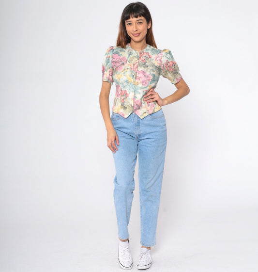 80s Damask Floral Button-Up Blouse Lavender Puff Sleeve Pearl Buttons Small