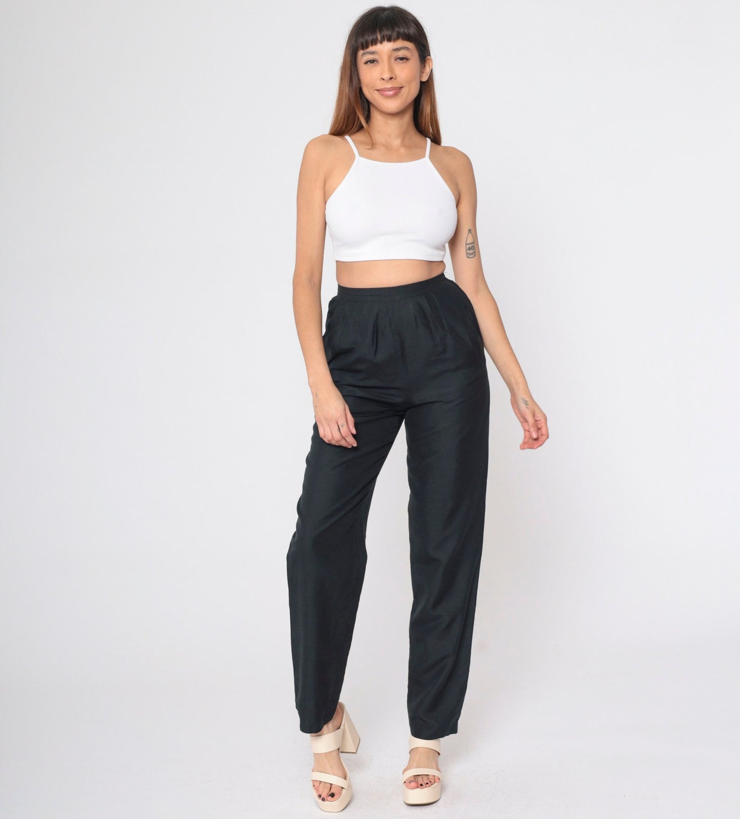 80s Black Silk Pleated Trousers High Waisted Straight Leg Small