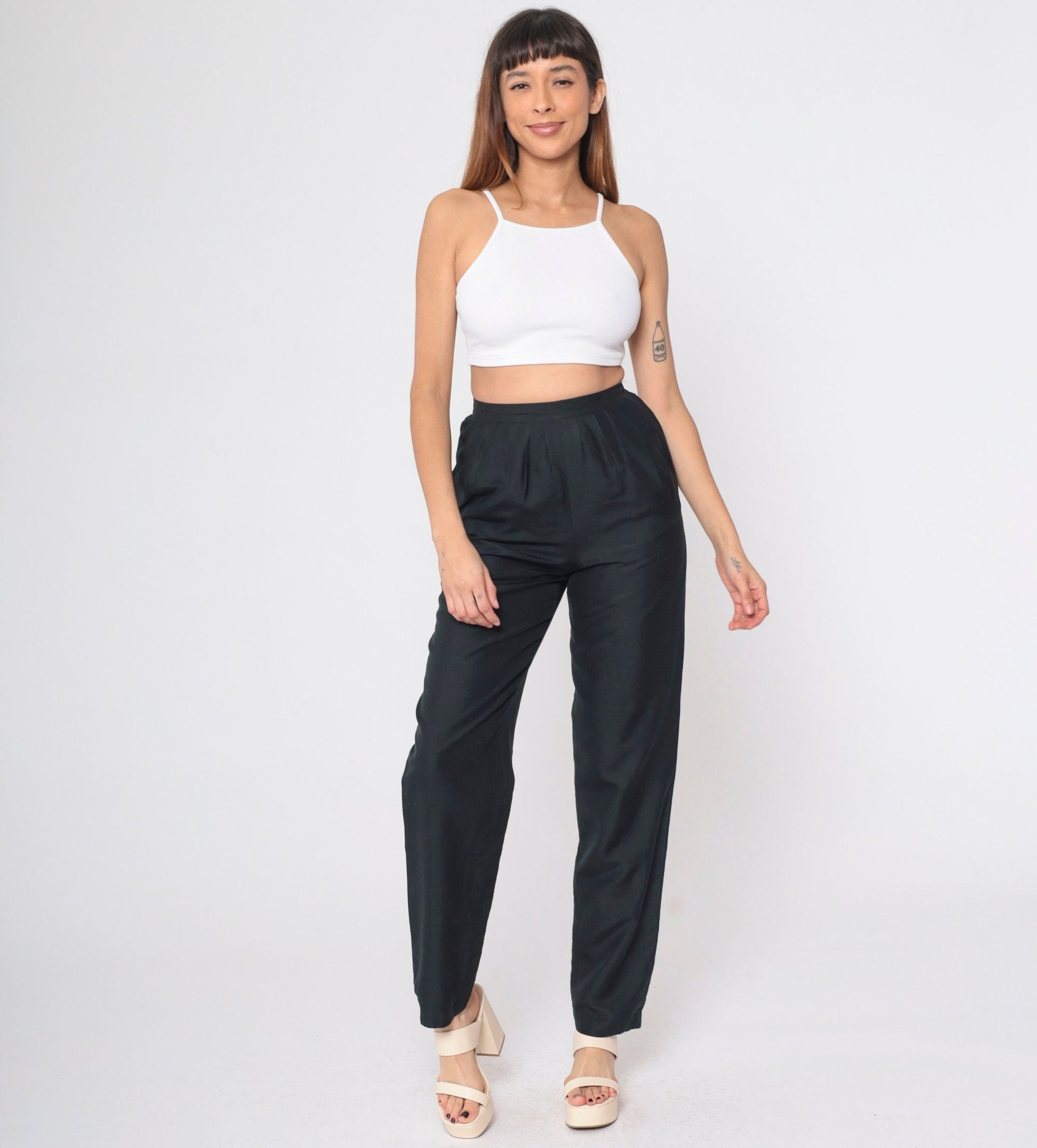 80s Black Silk Pleated Trousers High Waisted Straight Leg Small
