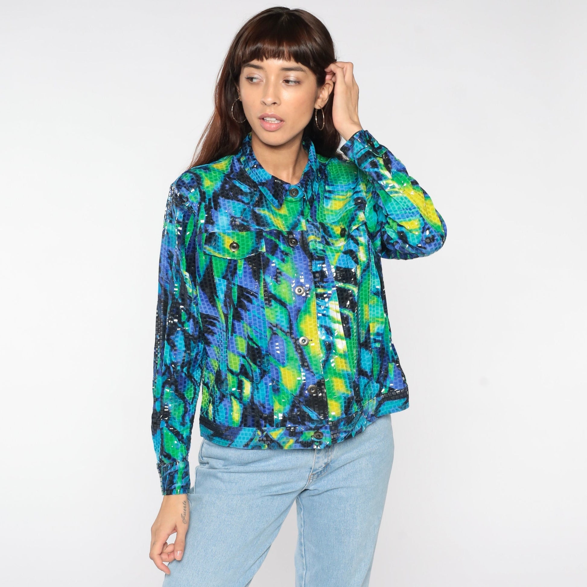90s Faux Snakeskin Reversible Bomber Jacket Green Blue Geometric Petite Large