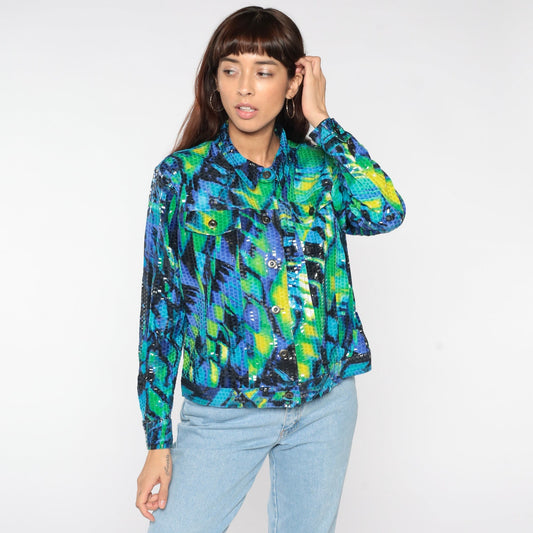90s Faux Snakeskin Reversible Bomber Jacket Green Blue Geometric Petite Large