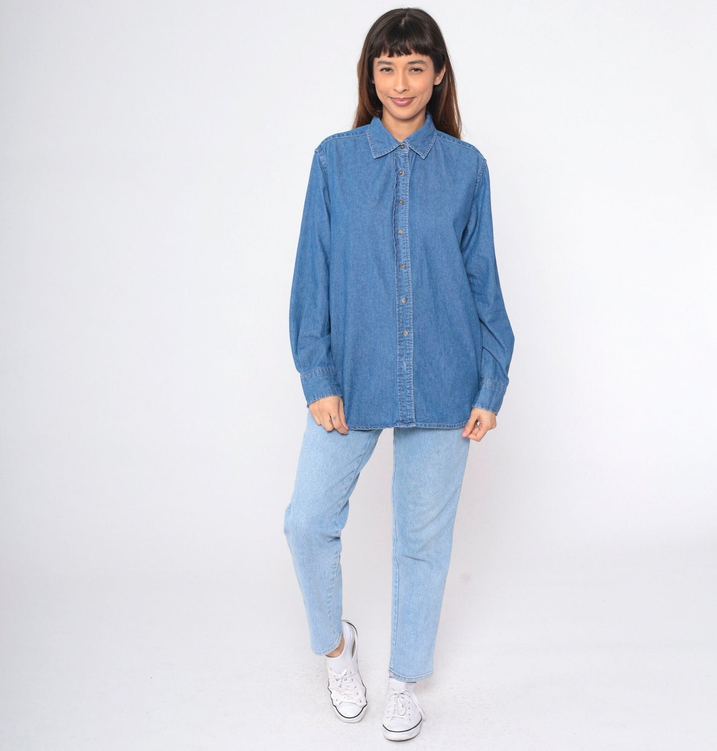 90s Vos Sports Blue Denim Button-Up Shirt Cotton Long Sleeve Extra Large XXL