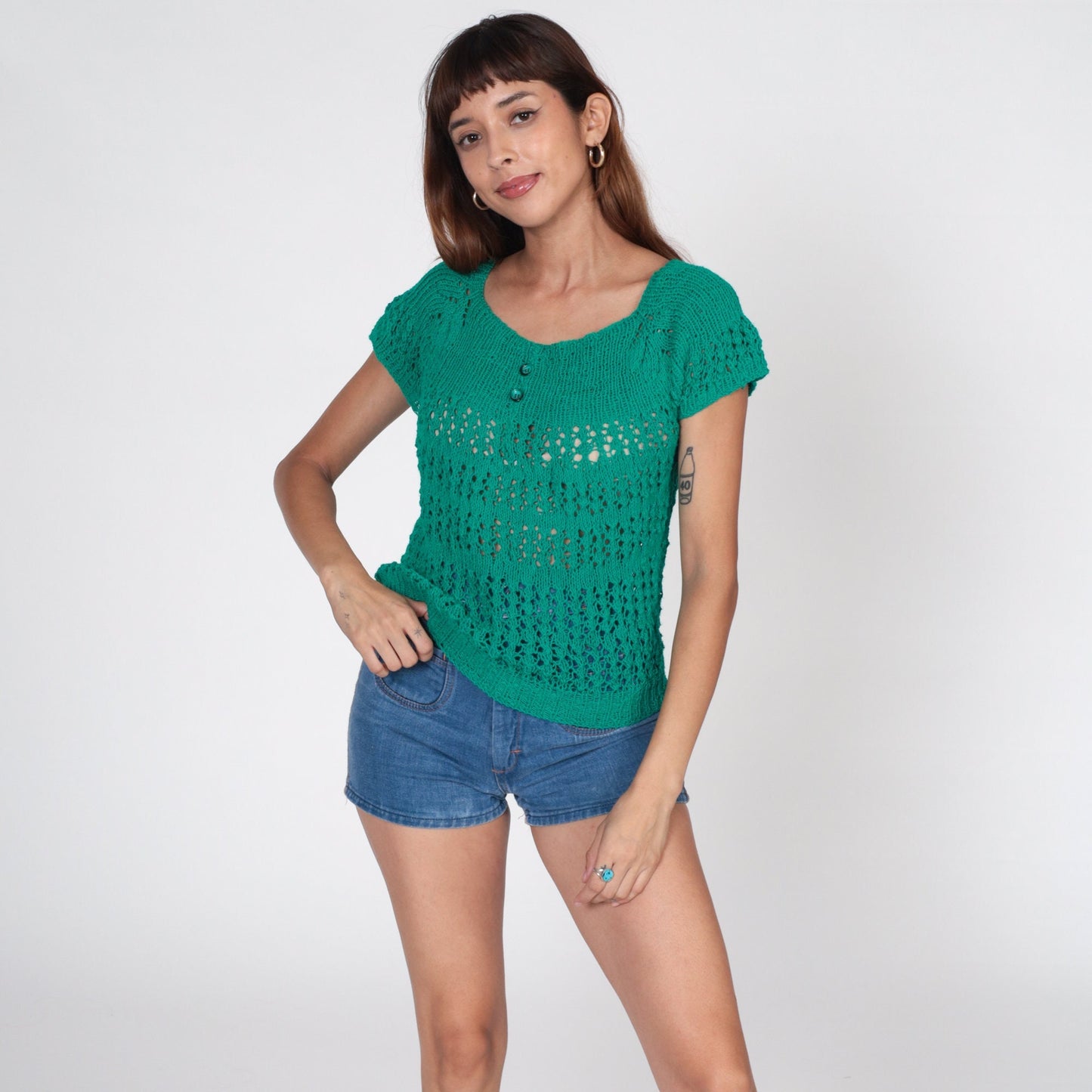 80s Green Crochet Blouse Short Raglan Sleeve Sheer Knit Top Small S
