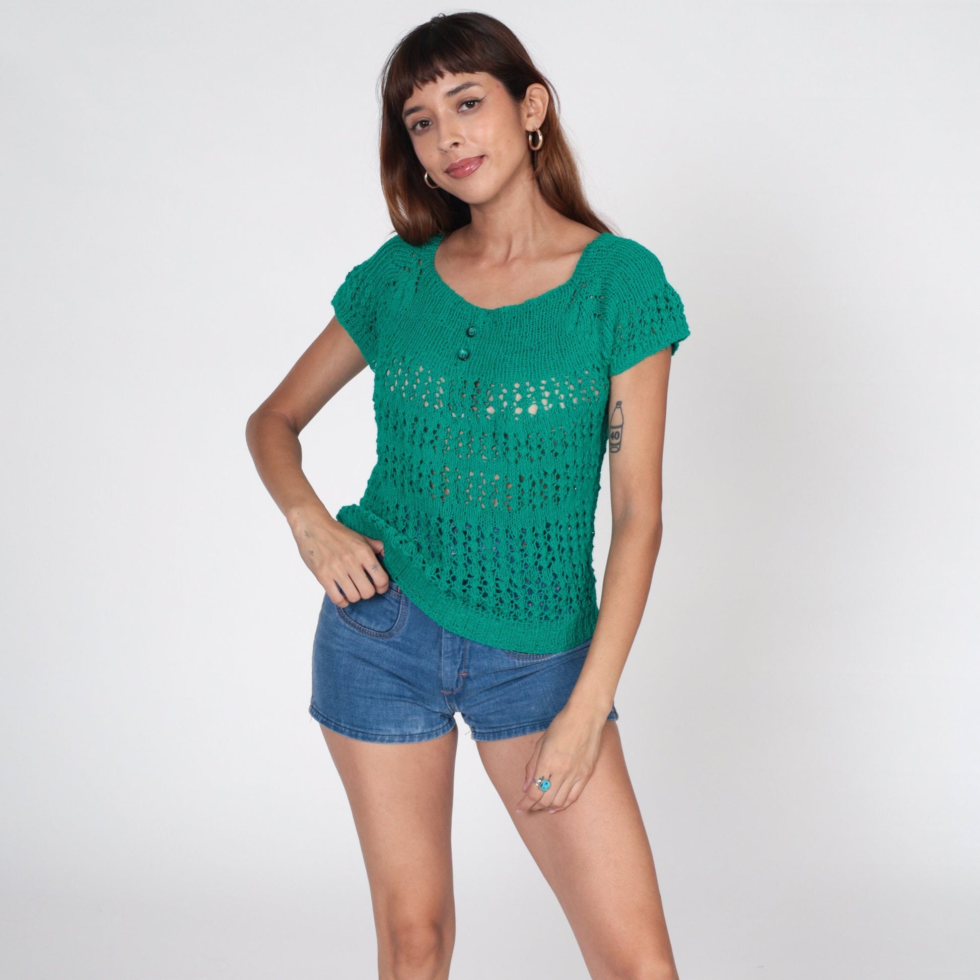 80s Green Crochet Blouse Short Raglan Sleeve Sheer Knit Top Small S