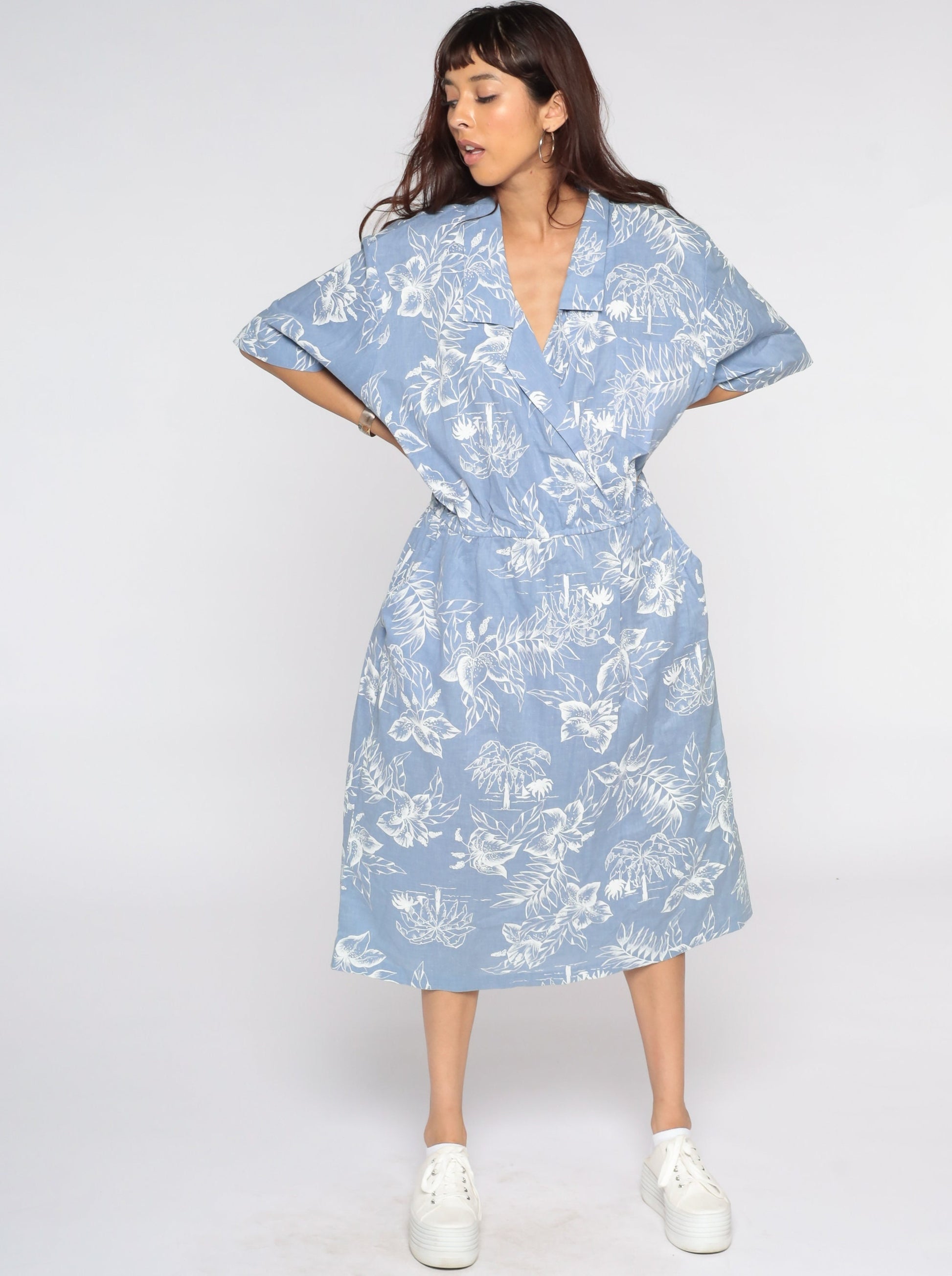 80s Tropical Palm Floral Midi Dress High Waist Wrap Blue Cotton Extra Large