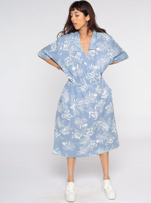 80s Tropical Palm Floral Midi Dress High Waist Wrap Blue Cotton Extra Large