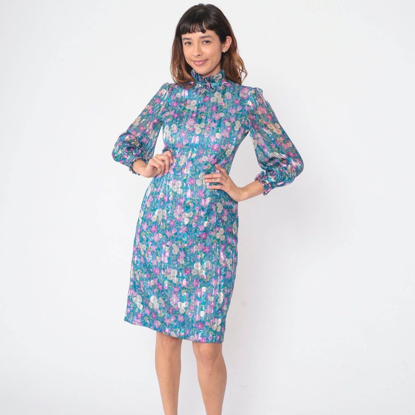 70s Blue Floral Silk Dress Long Sleeve Mock Neck Ruffle Knee Length Small S
