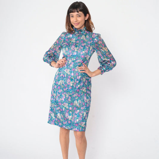 70s Blue Floral Silk Dress Long Sleeve Mock Neck Ruffle Knee Length Small S