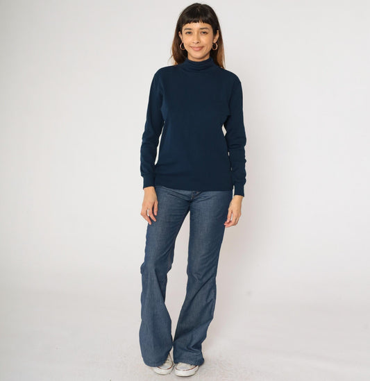 70s Roffe Ski Pullover Navy Mock Neck Nylon Long Sleeve Medium M