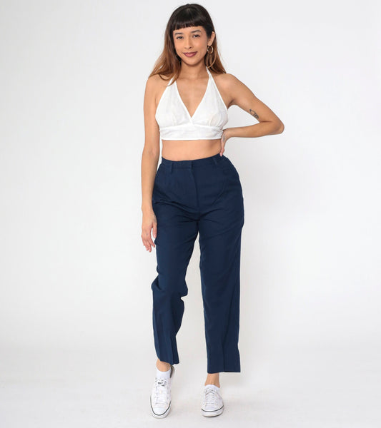80s Mervyns Navy High-Waisted Straight Leg Trousers Medium