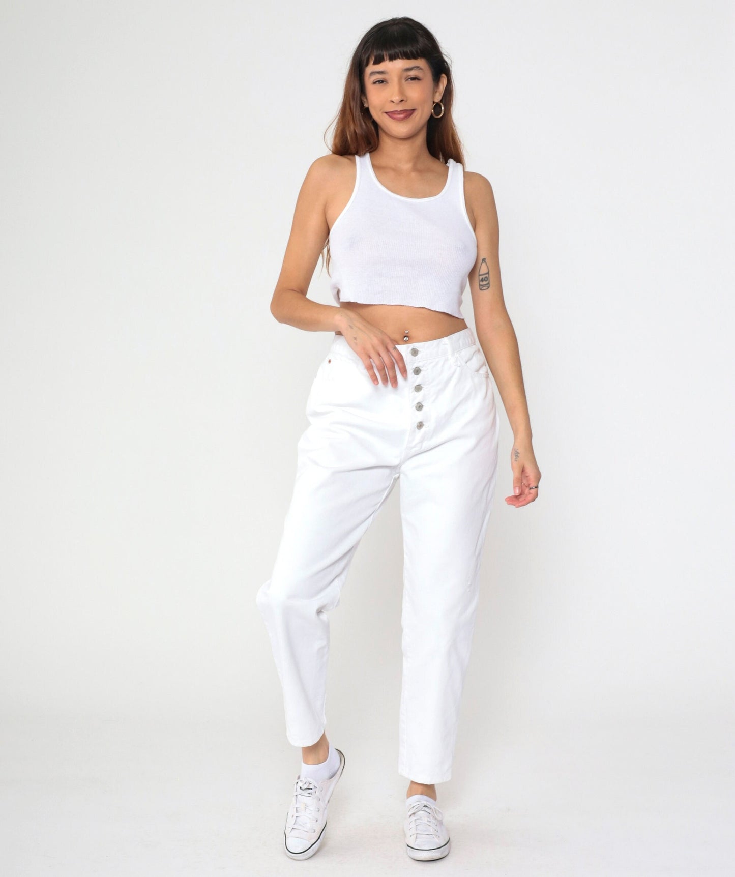 90s White High-Waisted Tapered Jeans Exposed Button Fly Cotton Denim Large