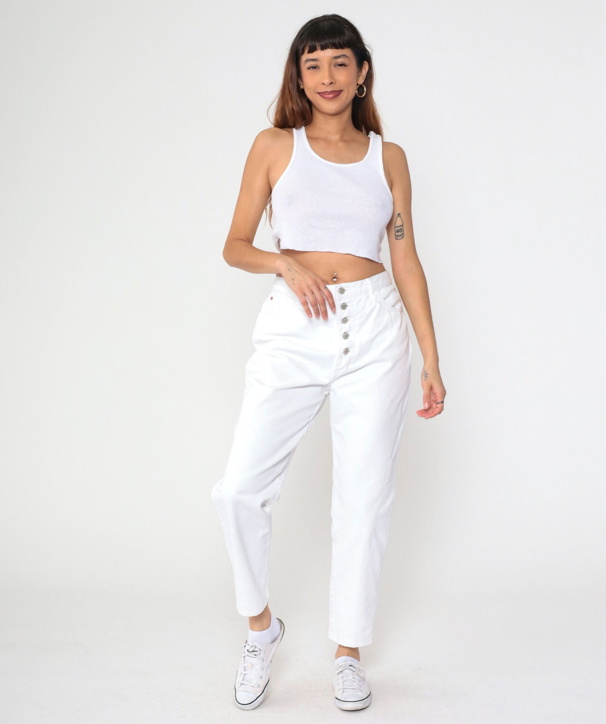 90s White High-Waisted Tapered Jeans Exposed Button Fly Cotton Denim Large
