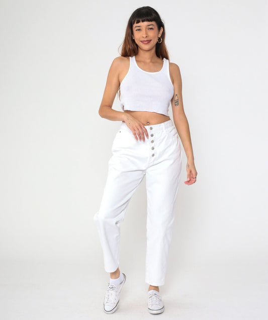 90s White High-Waisted Tapered Jeans Exposed Button Fly Cotton Denim Large