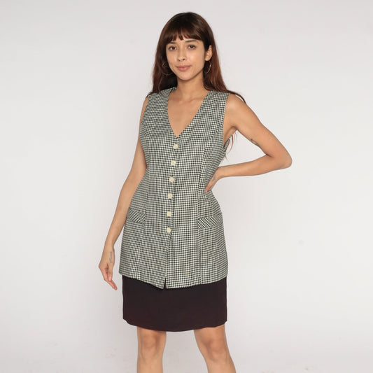 90s Houndstooth Mini Dress with Attached Vest Black White Checkered Small S