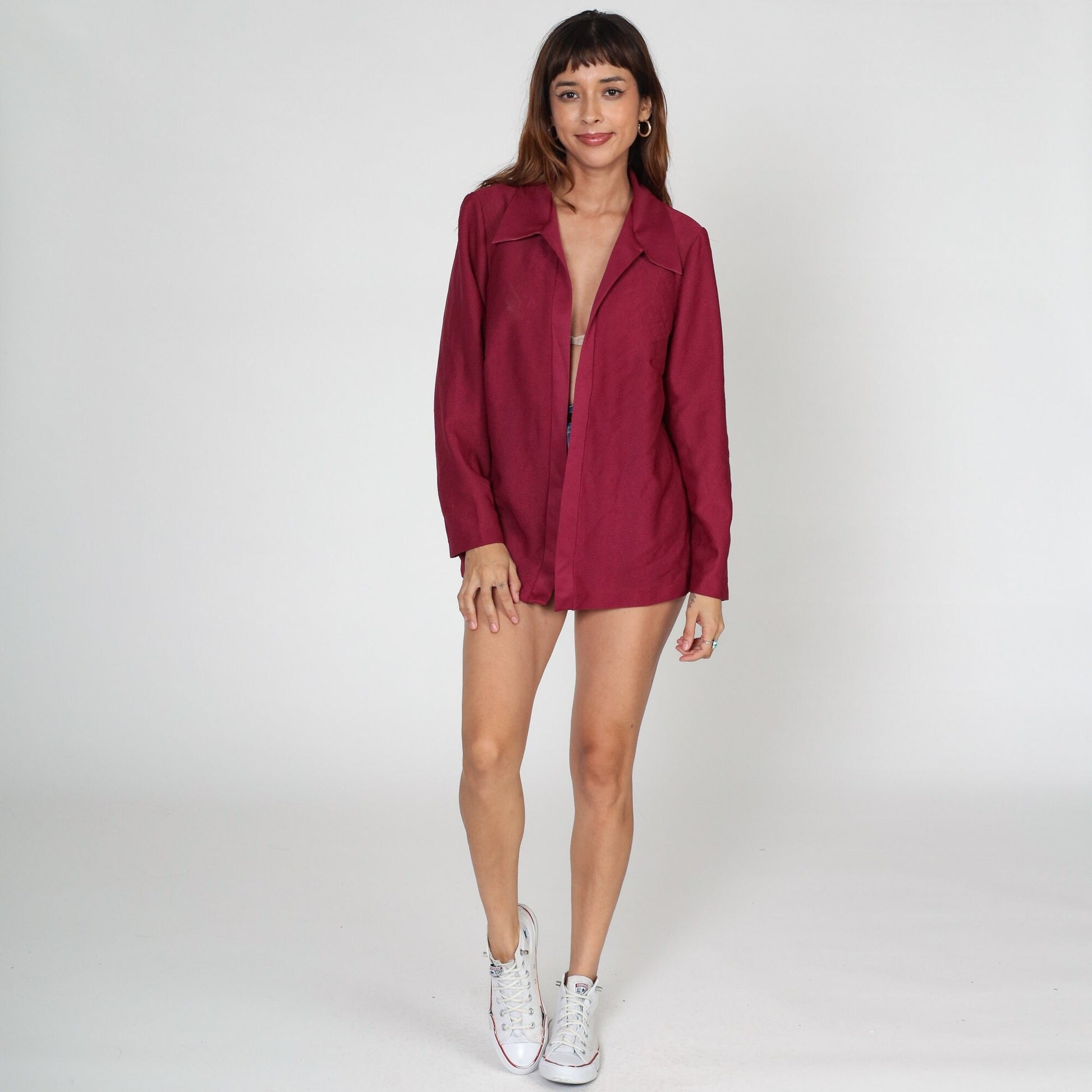 70s Raspberry Red Open Front Blazer Long Sleeve Collared Jacket Medium M