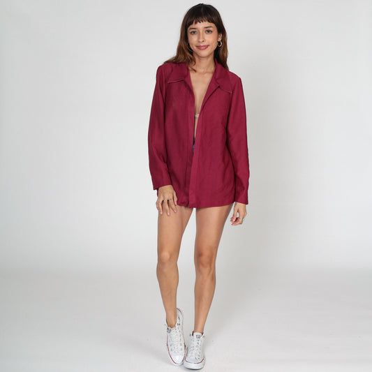 70s Raspberry Red Open Front Blazer Long Sleeve Collared Jacket Medium M