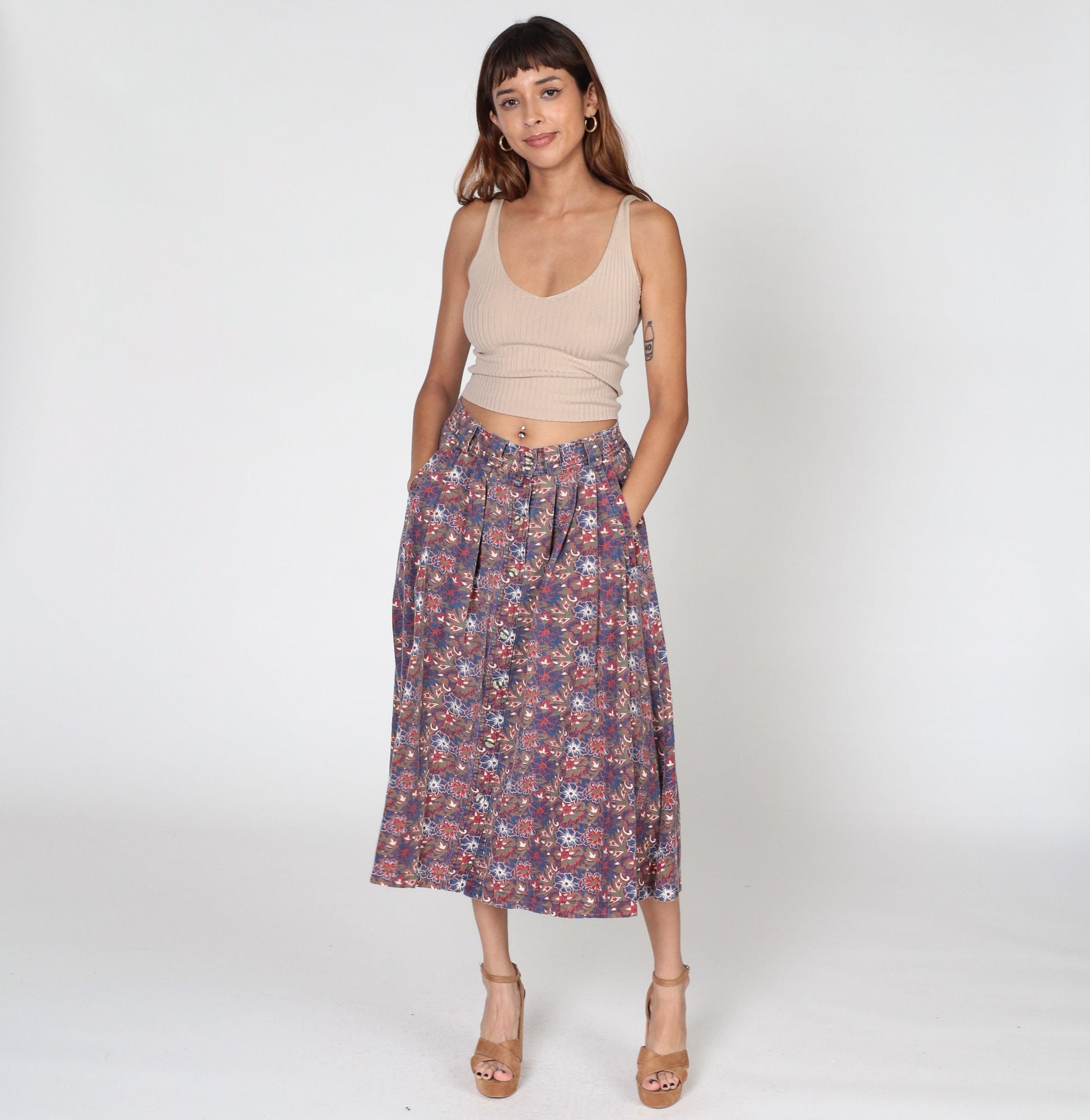 90s Gitano Tropical Floral Pleated Midi Skirt High Waist Button Front Small