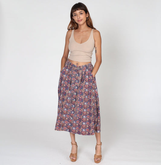 90s Gitano Tropical Floral Pleated Midi Skirt High Waist Button Front Small