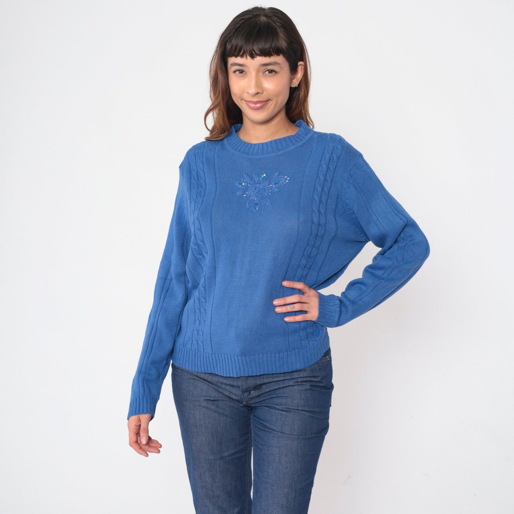 80s Blue Cable Knit Sweater Beaded Floral Design Pullover Large L
